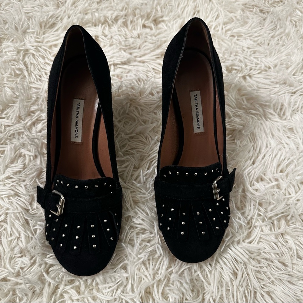Tabitha Simmons Suede Studded Fringe Loafer Pumps Shoes size 38.5